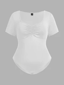 SHEIN EZwear 3 Pcs Casual Pleated Short Sleeve Bodysuit, Multiple Piece Set, Plus Size Suitable For Going Out, Spring Break - Multicolor - View 6