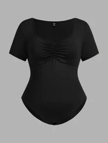 SHEIN EZwear 3 Pcs Casual Pleated Short Sleeve Bodysuit, Multiple Piece Set, Plus Size Suitable For Going Out, Spring Break - Multicolor - View 8
