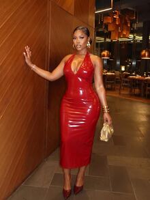 Slaydiva Gaun Wanita Ukuran Besar, Gaun Bodycon Midi Kulit Paten Model Halter Warna Burgundy untuk Musim Gugur - Merah - View 4