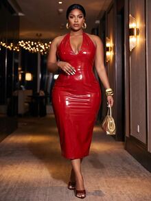 Slaydiva Gaun Wanita Ukuran Besar, Gaun Bodycon Midi Kulit Paten Model Halter Warna Burgundy untuk Musim Gugur - Merah - View 12