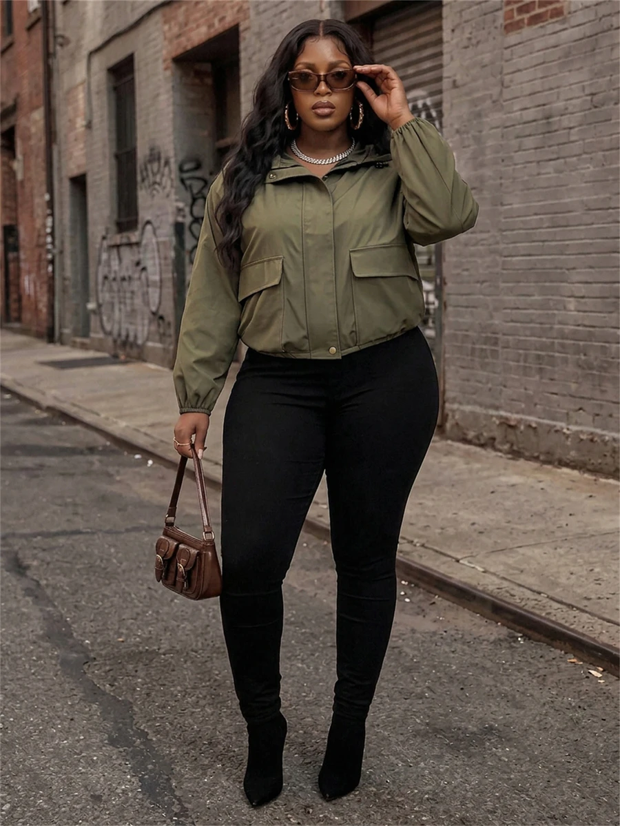 Slaydiva Plus Size Women's Solid Color Long Sleeve Utility Pocket Casual Hooded Jacket Fall - Army Green - View 1