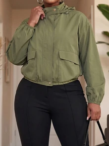 Slaydiva Plus Size Women's Solid Color Long Sleeve Utility Pocket Casual Hooded Jacket Fall - Army Green - View 8