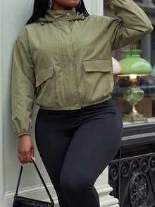 Slaydiva Plus Size Women's Solid Color Long Sleeve Utility Pocket Casual Hooded Jacket Fall - Army Green - View 5
