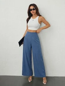 SHEIN PETITE 女款簡約休閒時尚開學季老錢風通勤高腰紋理寬腿長褲，適合嬌小女性 - 霧霾藍 - 查看 4