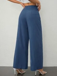 SHEIN PETITE 女款簡約休閒時尚開學季老錢風通勤高腰紋理寬腿長褲，適合嬌小女性 - 霧霾藍 - 查看 2