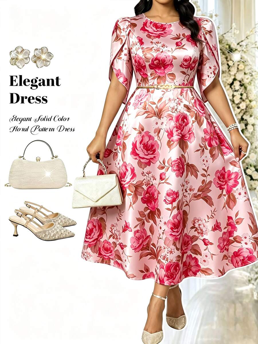 Fleurora 大码女式优雅全身印花花瓣袖连衣裙 - 彩色 - 查看 1