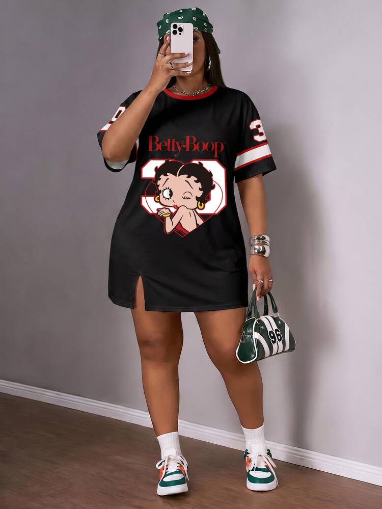 Slaydiva Betty Boop x SHEIN Plus Size Women's Letter Cartoon Print Casual Daily Summer Dress - Multicolor - View 1