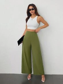SHEIN PETITE 女款簡約休閒時尚開學季老錢風通勤高腰紋理寬腿長褲，適合嬌小女性 - 橄欖綠 - 查看 3