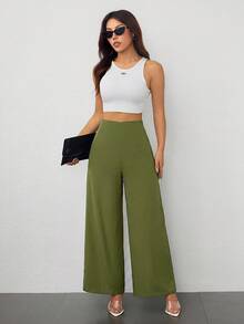 SHEIN PETITE 女款簡約休閒時尚開學季老錢風通勤高腰紋理寬腿長褲，適合嬌小女性 - 橄欖綠 - 查看 4