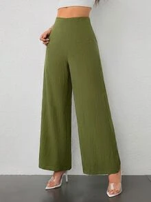 SHEIN PETITE 女款簡約休閒時尚開學季老錢風通勤高腰紋理寬腿長褲，適合嬌小女性 - 橄欖綠 - 查看 6