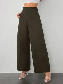 SHEIN PETITE 女款簡約休閒時尚返校季老錢風通勤高腰紋理寬腿長褲，適合嬌小女性 - 0.霧綠 - 查看 5