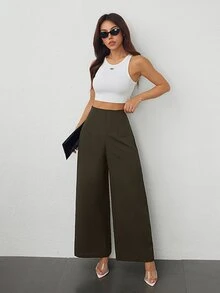 SHEIN PETITE 女款簡約休閒時尚返校季老錢風通勤高腰紋理寬腿長褲，適合嬌小女性 - 0.霧綠 - 查看 6