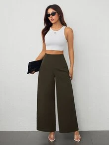 SHEIN PETITE 女款簡約休閒時尚返校季老錢風通勤高腰紋理寬腿長褲，適合嬌小女性 - 0.霧綠 - 查看 7