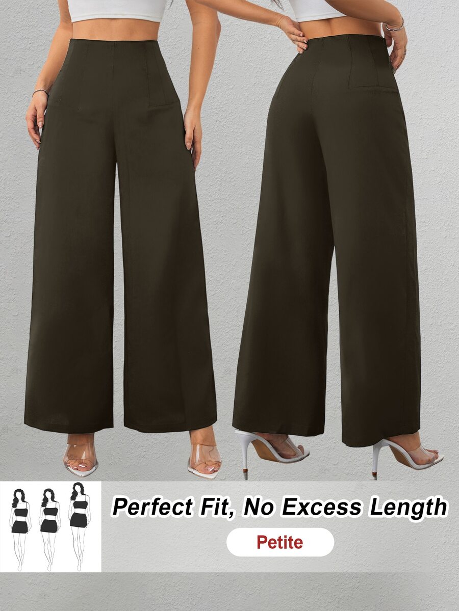 SHEIN PETITE 女款簡約休閒時尚返校季老錢風通勤高腰紋理寬腿長褲,適合嬌小女性 - 0.霧綠 - 查看 1