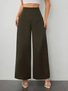 SHEIN PETITE 女款簡約休閒時尚返校季老錢風通勤高腰紋理寬腿長褲，適合嬌小女性 - 0.霧綠 - 查看 4
