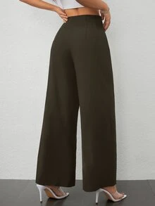 SHEIN PETITE 女款簡約休閒時尚返校季老錢風通勤高腰紋理寬腿長褲，適合嬌小女性 - 0.霧綠 - 查看 2