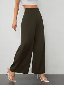 SHEIN PETITE 女款簡約休閒時尚返校季老錢風通勤高腰紋理寬腿長褲，適合嬌小女性 - 0.霧綠 - 查看 3