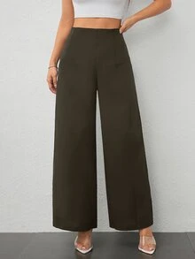SHEIN PETITE 女款簡約休閒時尚返校季老錢風通勤高腰紋理寬腿長褲，適合嬌小女性 - 0.霧綠 - 查看 8