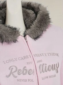 SHEIN ICON Women Fluffy Hoodies Pink Embroidered Casual Outdoor Street Style Short Zip-Up Jacket For Women In Fall/Winter - Pink - View 6