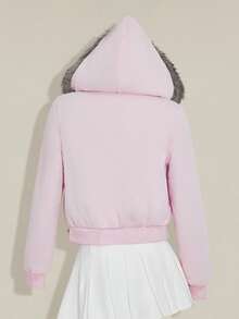 SHEIN ICON Women Fluffy Hoodies Pink Embroidered Casual Outdoor Street Style Short Zip-Up Jacket For Women In Fall/Winter - Pink - View 2