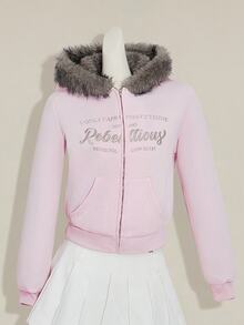SHEIN ICON Women Fluffy Hoodies Pink Embroidered Casual Outdoor Street Style Short Zip-Up Jacket For Women In Fall/Winter - Pink - View 5