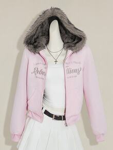 SHEIN ICON Women Fluffy Hoodies Pink Embroidered Casual Outdoor Street Style Short Zip-Up Jacket For Women In Fall/Winter - Pink - View 7
