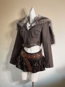 SHEIN ICON Women's Leather & Fur Patchwork Fitted Jacket In Fall/Winter - Dark Grey - View 5