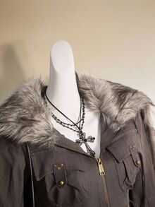 SHEIN ICON Women's Leather & Fur Patchwork Fitted Jacket In Fall/Winter - Dark Grey - View 4