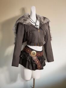 SHEIN ICON Women's Leather & Fur Patchwork Fitted Jacket In Fall/Winter - Dark Grey - View 3