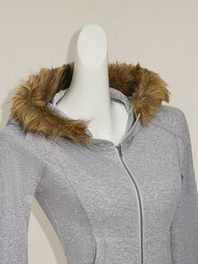 SHEIN ICON Slim Fit Faux Fur Patchwork Hooded Jacket For Women In Fall/Winter - Grey - View 6