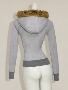 SHEIN ICON Slim Fit Faux Fur Patchwork Hooded Jacket For Women In Fall/Winter - Grey - View 2