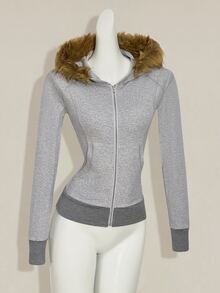 SHEIN ICON Slim Fit Faux Fur Patchwork Hooded Jacket For Women In Fall/Winter - Grey - View 3