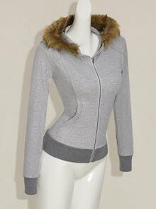 SHEIN ICON Slim Fit Faux Fur Patchwork Hooded Jacket For Women In Fall/Winter - Grey - View 5