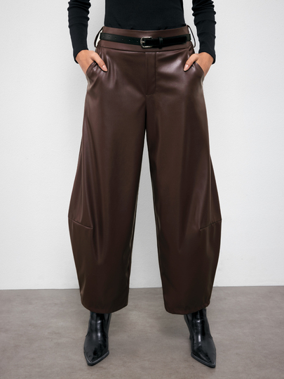 Maija Women's Solid Color PU Leather Casual Curved Leg Pants With Pockets