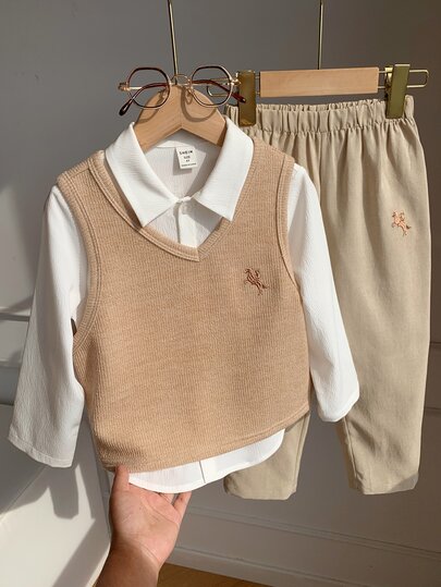 Kids Young Boy, Young Boy Autumn/Winter Casual Preppy Style Shirt, Vest And Long Pants Outfit Set, Multi-Piece Set, Outerwear Set, Young Boy Winter Clothes, Outfit Sets