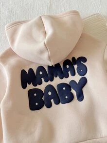 SHEIN 中性嬰兒男/女童、幼兒 2件組秋冬保暖內裡加厚可愛親子標語圖案連帽衛衣套裝，嬰兒冬季服飾，運動套裝，聖誕節 - 霧霾藍 - 查看 4