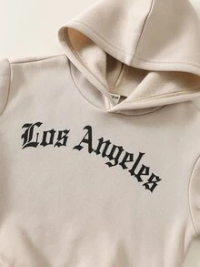 SHEIN 中性嬰兒男/女童、幼兒 2件組秋冬保暖內裡加厚休閒時尚連帽衛衣套裝，嬰兒冬季衣物，運動服，街頭風 - 卡其色 - 查看 4