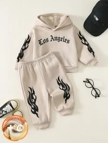 SHEIN 中性嬰兒男/女童、幼兒 2件組秋冬保暖內裡加厚休閒時尚連帽衛衣套裝，嬰兒冬季衣物，運動服，街頭風 - 卡其色 - 查看 3