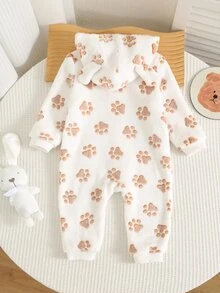 SHEIN 中性新生兒嬰兒男/女童、幼兒秋冬保暖內裡加厚可愛小狗爪印連帽連身衣，嬰兒冬季衣物/連身衣，萬聖節 - 白色 - 查看 2