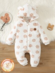 SHEIN 中性新生兒嬰兒男/女童、幼兒秋冬保暖內裡加厚可愛小狗爪印連帽連身衣，嬰兒冬季衣物/連身衣，萬聖節 - 白色 - 查看 3