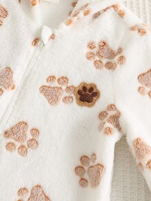 SHEIN 中性新生兒嬰兒男/女童、幼兒秋冬保暖內裡加厚可愛小狗爪印連帽連身衣，嬰兒冬季衣物/連身衣，萬聖節 - 白色 - 查看 5