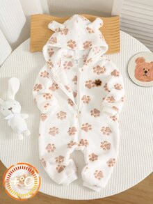 SHEIN 中性新生兒嬰兒男/女童、幼兒秋冬保暖內裡加厚可愛小狗爪印連帽連身衣，嬰兒冬季衣物/連身衣，萬聖節 - 白色 - 查看 4