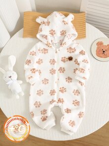SHEIN 中性新生兒嬰兒男/女童、幼兒秋冬保暖內裡加厚可愛小狗爪印連帽連身衣，嬰兒冬季衣物/連身衣，萬聖節 - 白色 - 查看 1