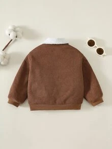 SHEIN 男女嬰幼兒秋冬休閒時尚加厚燈芯絨翻領夾克外套，抓絨內裡，加厚保暖嬰兒外套 - 棕色 - 查看 2