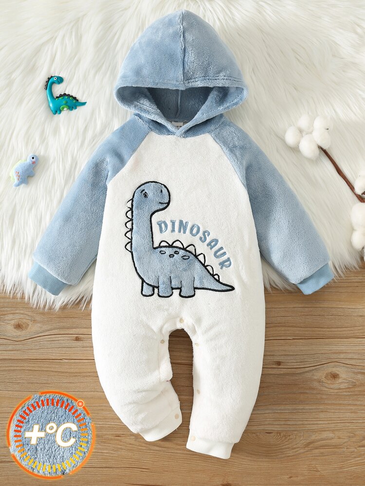 SHEIN Unisex Newborn Baby Boy/Girl, Toddler Autumn/Winter Thermal Lined Thickened Colorblock Patchwork Cute Dinosaur Applique Embroidered Hooded Romper, Baby Winter Jumpsuit, Christmas - Blue - View 5