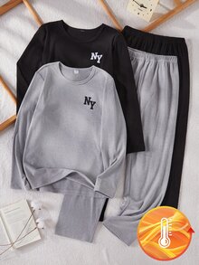 SHEIN Teenager Minimalist Versatile Warm Thickened Fleece Casual Black And Gray Crew Neck Long Sleeve Pants Set, Autumn/Winter Warm Casual Home Outfit, Best Gift For Boys - Multicolor - View 4