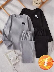 SHEIN Teenager Minimalist Versatile Warm Thickened Fleece Casual Black And Gray Crew Neck Long Sleeve Pants Set, Autumn/Winter Warm Casual Home Outfit, Best Gift For Boys - Multicolor - View 2