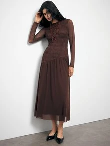 Maija Gaun Panjang Elegan Wanita Warna Polos Leher Bulat dengan Detail Jala Kontras dan Lipit - Coklat tua - View 6