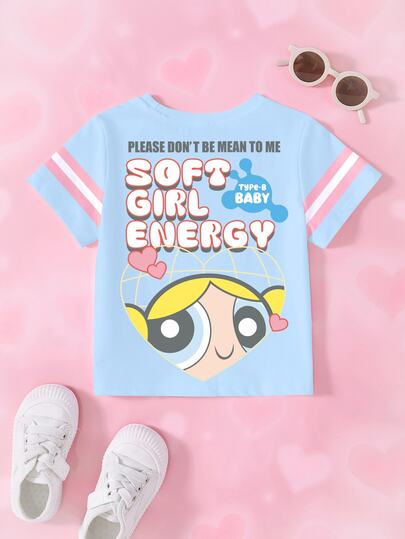 THE POWERPUFF GIRLS X SHEIN Young Girl Crew Neck Short Sleeve Casual Versatile T-Shirt
