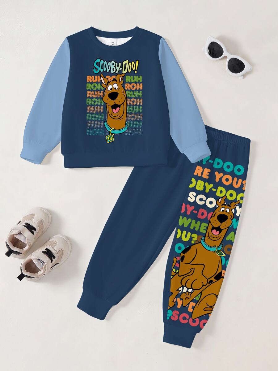 SCOOBY-DOO X SHEIN Young Boy Colorblock Patchwork Cartoon Letter Print Sweatshirt And Sweatpants Set - White - View 1